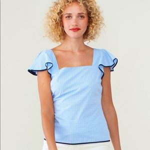Gingham shirred back flutter sleeve